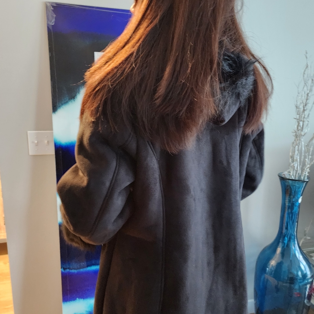 Masseys Black Long Faux Fur Trim Coat Women’s XL Elegant Winter - Picture 11 of 16